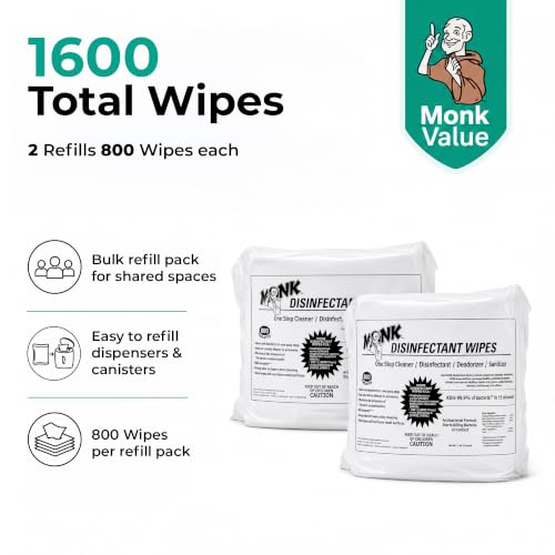 Monk Wipes 소독용 체육관 물티슈, 원스텝 클리너, 소독제, 탈취제 및 소독제, 800개 물티슈 리필 팩 2개, 피트니스 장비, 요가 매트, 댄스 스튜디오, 스피닝 클래스 등에 적합, 69800R - size: 800 Count (Pack of 2)