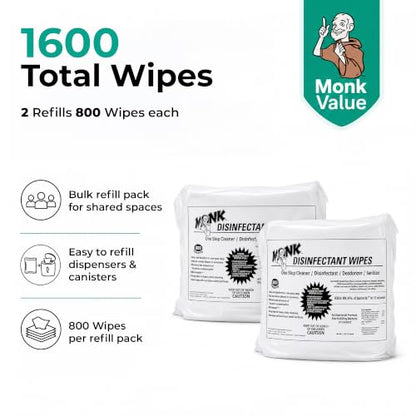 Monk Wipes 소독용 체육관 물티슈, 원스텝 클리너, 소독제, 탈취제 및 소독제, 800개 물티슈 리필 팩 2개, 피트니스 장비, 요가 매트, 댄스 스튜디오, 스피닝 클래스 등에 적합, 69800R - size: 800 Count (Pack of 2)