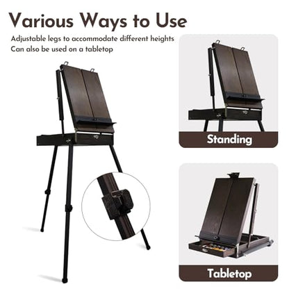 CONDA 70” French Easel with Aluminum Legs, Folding Sketch Painting Easel with Drawer, Tripod Easel Stand for Painting, Sketching, Display - color: Brown