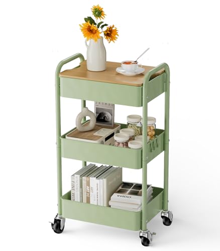 3 Tier Rolling Cart with Table top, Metal Rolling Utility Cart, Sturdy Storage Organizer Cart with Locking Wheels & Hooks for Office, Classroom, Kitchen and Bathroom - color: Green
