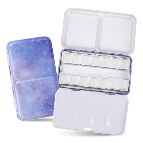 Metal Watercolor Palette - Empty with 14 Half Pans - Travel Palette for Gouache, Watercolor, Acrylic Painting - Purple - style: Galaxy