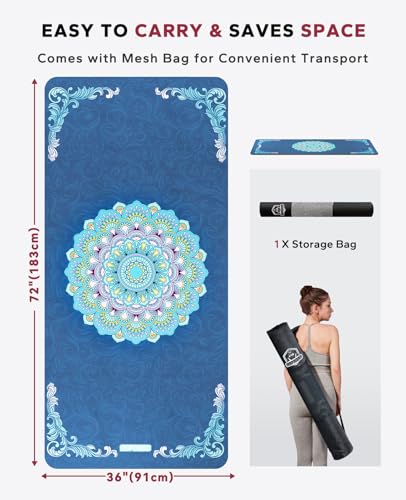HAPBEAR Large Yoga Mat - 72"x36" Extra Wide Exercise Mat - 1/4" Thick Dual Color PVC | Anti-Slip Surface & High Cushioning - Ideal for Yoga, Pilates & Home Workouts - Bonus Mesh Bag - color: Blue