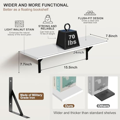 Tectocker-DOU 24" Long Floating Book Shelves for Wall, Heavy Duty, White - color: White, size: 24W×8D