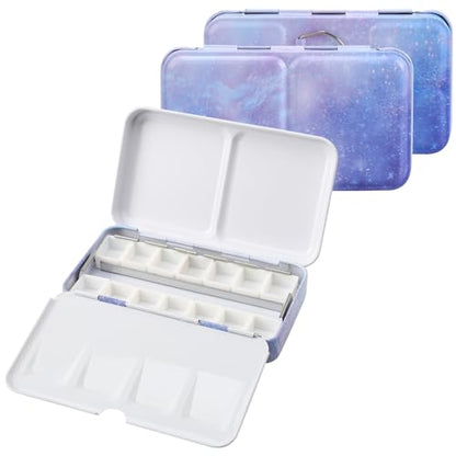 Metal Watercolor Palette - Empty with 14 Half Pans - Travel Palette for Gouache, Watercolor, Acrylic Painting - Purple - style: Galaxy