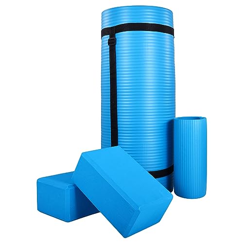 BalanceFrom 71x24 Inches Yoga Mat with Knee Pad and Optional Blocks – Extra 1-Inch Thick Non-Slip Foam with Anti-Tear Surface and Carrying Strap for Home, Studio, or Gym Workouts - color: Blue, style: Mat & Knee Pad & Yoga Blocks