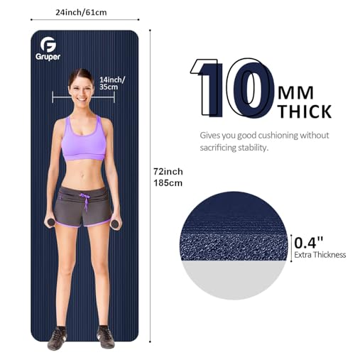 Gruper Yoga Mat Non Slip NBR Extra Thick Yoga Mat, 72"L x 32"/24"W x 0.6"/0.4"TH (185cm x 80cm/61cm x 15mm/10mm), Anti-Tear Exercise Mat with Carrying Strap and Bag, Workout Mats for Yoga, Pilates - color: Navy Blue, size: 72 x 24 x 0.4 inches