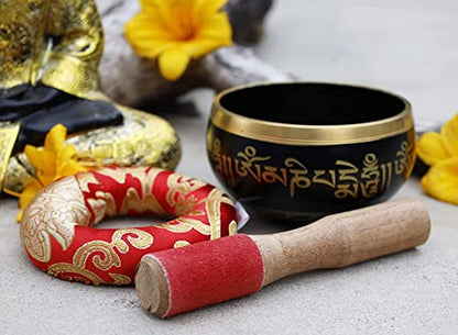 Tibetan Medium Size Singing Bowl Complete Set With Mallet and Brocade Cushion ~ For Meditation, Chakra Healing, Prayer, Yoga - color: Black, size: Medium