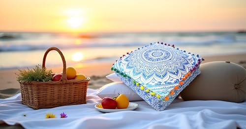 CK 16x16X5 Inch Square Floor Cushion Cover, Blue Ombre Mandala Pouf Cover, Cotton Ottoman Pillow Cover, Bohemian Decorative Meditation Floor Pillow Case for Living Room, Bedroom & Yoga (Cover Only) - color: Blue and White, size: 16"D x 16"W x 5"H