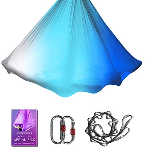Aerial Yoga Hammock L:5M W:2.8M 5.5 Yards Aerial Pilates Silk Yoga Swing Set with 2000 Ibs Load Include Daisy Chain, Pose Guide - color: Gradual Change Blue