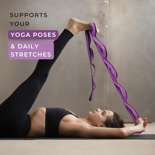 California Yoga Strap | Yoga Belt with Loops | 12 Multi Loop & Non-Elastic | Stretching Strap | Gym Workout & Exercise Bands | Physical Therapy | Improves Sitting Posture for Women & Men - color: Purple