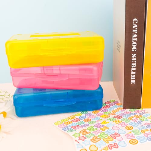 Blue Large Plastic Pencil Box 3 Pack with Aesthetic Design and Hard Case, Comes with Stickers in Pink and Clear Colors - color: Pink Blue Yellow