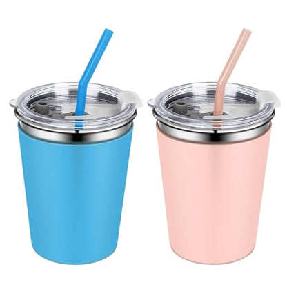 2 Pack Kids Cups with Straws and Lids Leak Proof, 12oz | Sippy Cups for Toddlers with Colorful Sleeves, Unbreakable Stainless Steel Water Tumblers (Blue & Peach) - color: Blue/Peach