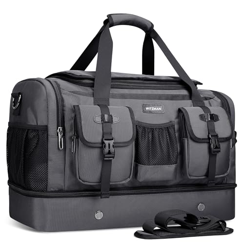 WITZMAN Duffle Bag for Men 55L Nylon Travel Weekender with Shoe Compartment - color: Silvery Grey
