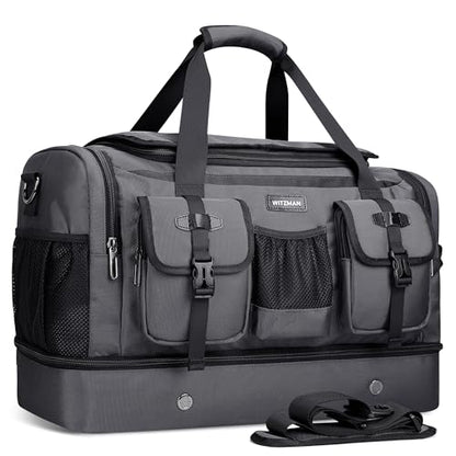 WITZMAN Duffle Bag for Men 55L Nylon Travel Weekender with Shoe Compartment - color: Silvery Grey