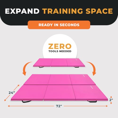 BalanceFrom 6x2 Feet 3-Panel Folding Gymnastics Mat – 2-Inch Thick Pad with Vinyl Surface and Carrying Handles for Tumbling, Yoga, Pilates, Home Workouts, and Martial Arts - color: Pink