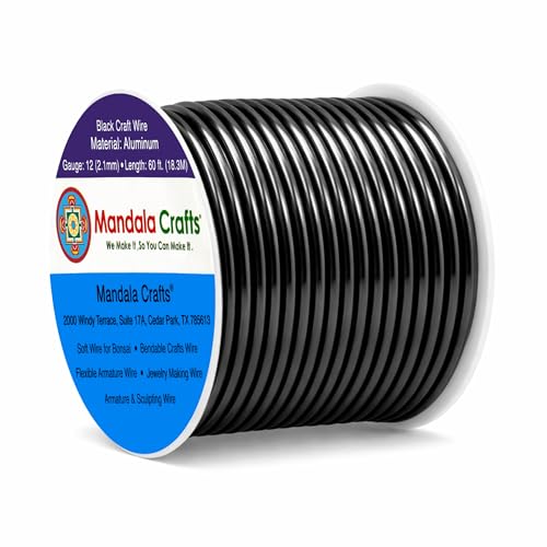 Mandala Crafts 12 Gauge Black Anodized Aluminum Craft Wire, 60 FT | Colored, Flexible, Bendable, for Bonsai, Armature, Sculpting, Wire Wrapping, Jewelry Making, Weather & Tarnish Resistant - color: Black, size: 12 Gauge