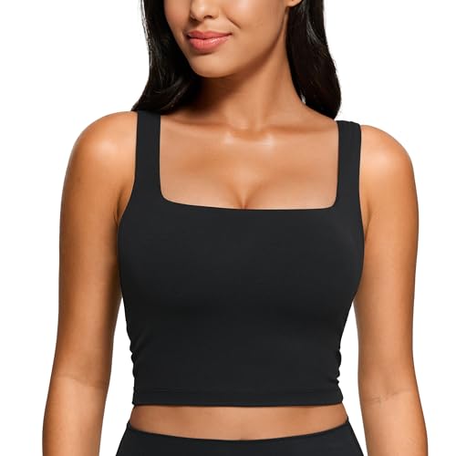 CRZ YOGA Butterluxe Square Neck Crop Tank Top | Built in Bra, Light Support, Removable Pads, Yoga, Extremely Soft, Wide Straps, Longline Sports Bras for Women - color: Black, size: Large