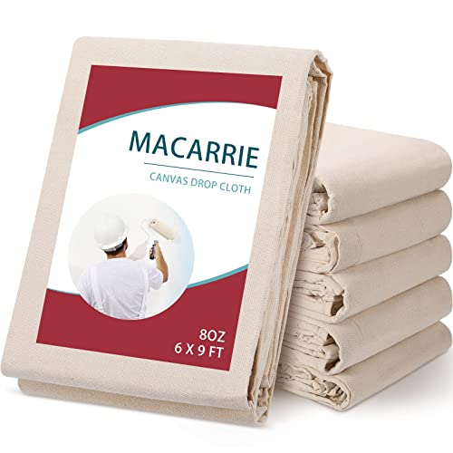 Macarrie 6 Pcs Canvas Drop Cloth for Painting, 6 x 9 ft,6 Pieces,6 x 9 ft | Drop Cloth Curtains, Paint Drop Cloth, Double Stitched, Thick Canvas Tarp, Painters Blanket for Furniture Floor Protection