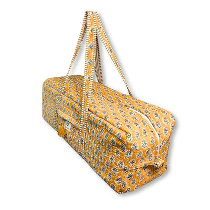 Large Capacity Handblock Printed Yoga Mat bag for Women, Gym Bag, Fits Yoga Blocks, Adjustable strap, Pilates, Gym, Fitness Block & Gear, Light and Durable - color: Marigold Earth