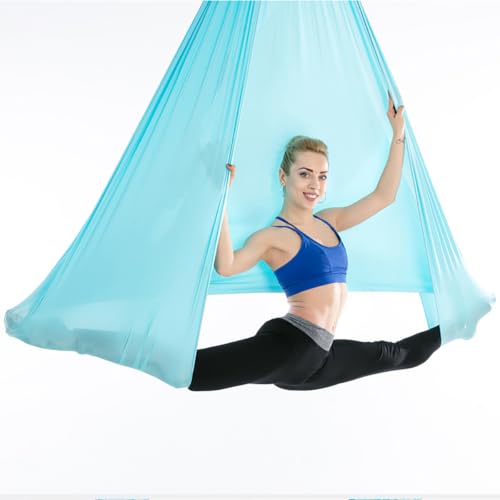 Aerial Yoga Hammock L:5M W:2.8M 5.5 Yards Aerial Pilates Silk Yoga Swing Set with 2000 Ibs Load Include Daisy Chain, Pose Guide - color: Lake Blue