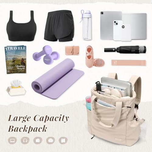 GOLF SUPAGS 3-in-1 Laptop Tote Backpack for Women 15.6" Quilted Work Gym Bag with Hidden Yoga Mat Carrier for Travel Leisure (Apricot) - color: Apricot