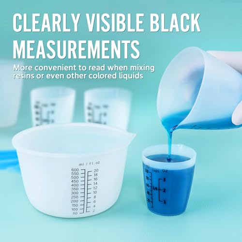 Silicone Resin Mixing Measuring Cups for Resin Supplies, Easy-to-Read Marks, 600ml/20oz Bowl, 250&100ml Thickened Reusable Silicone Cups for Epoxy Mixing, with Stir Sticks, Jewelry Making - size: 600+250+4*100ml (Black Marks)