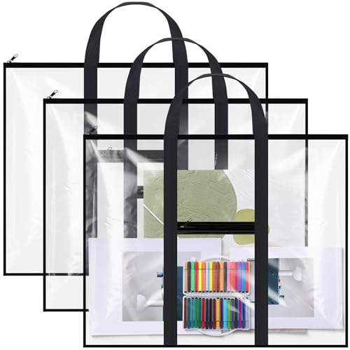 Gilprop 3 Pack Large Poster Storage Bags 31.5"×25.2" PVC Art Portfolio Container Bulletin Board Poster Pocket with Zipper Handle Pockets for Teacher Artist Organization(Black, Clear) - color: Black, Clear