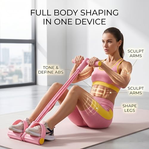 Pedal Resistance Bands with Handles, 6-Tube Sit Up Pull Rope Resistance Trainer, Natural Latex Foot Pedal Exercise Bands for Full Body Workout, Home Fitness Training, Waist, Arms & Legs (Pink)