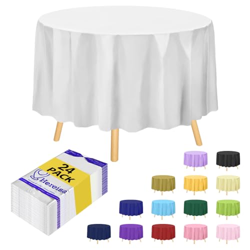 24 Pack Premium White Plastic Round Tablecloth - 84 x 84 in. Disposable Table Cloth - Decorative Table Cover Smooth - For Parties, Weddings - color: Fa2 - White, size: 24 PACK | Round | 84 Inch
