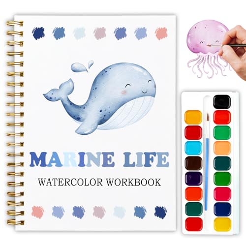 Marine Life Watercolor Workbook, Water Coloring Book, 12 Patterns, Ocean Dreams Watercolor Kit for Beginners, DIY Gift for Adults,Fun Family Art Activity and Gift - color: Blue-Marine