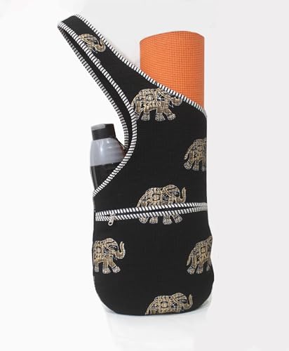 INDIAN CRAFT CASTLE Yoga Mat Bag | Tote Mat Bag | Sling Yoga Tote w/Large Side Pocket & Zipper Pocket | Yoga Mat Carrier Fits Most Size Mats - color: Black & Brown