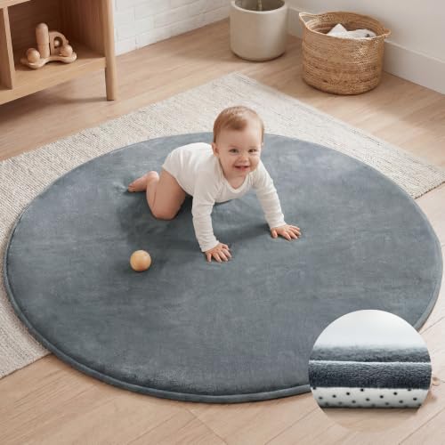 Baby Play Mat for Floor,1.3" Thick Elasti-Foam 47in Round Mat for Tummy Time,Water Repellent Soft Coral Velvet for Toddler,Infant,Kids,Non-Slip Backing Safe for Crawling(Dark Grey) - color: Dark Grey, size: Round - 47"