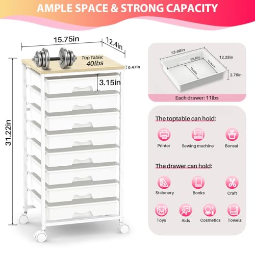 Goovilla Rolling Cart with 8 Drawers for Art, Dorm, Office, Craft, White | Utility Cart Organizer With 8 Removable Drawers and Wooden Tabletop, Lockable Rolling Storage Organizer for Classroom, Home - size: White