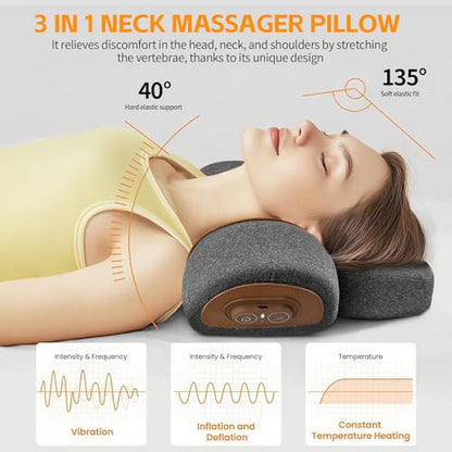3-in-1 Neck Massager Pillow, Neck Massager for Pain Relief Deep Tissue, Massage Pillow with Heat, Vibration & Airbag Traction, 3D Ergonomic Cervical Hump Corrector Massage for Home Office