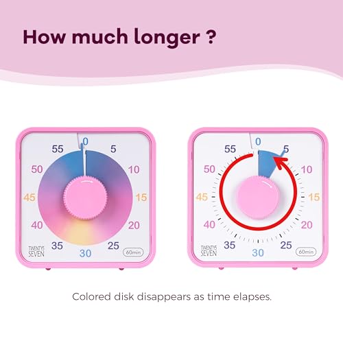 TWENTY5 SEVEN Countdown Timer 7.5 inch, 60 Minute 1 Hour Visual Timer for Classroom Teaching Tool Office Meeting, Mechanical Countdown Clock for Kids Exam Time Management Magnetic, Ombre Pink Macarons - color: Ombre Pink Macarons