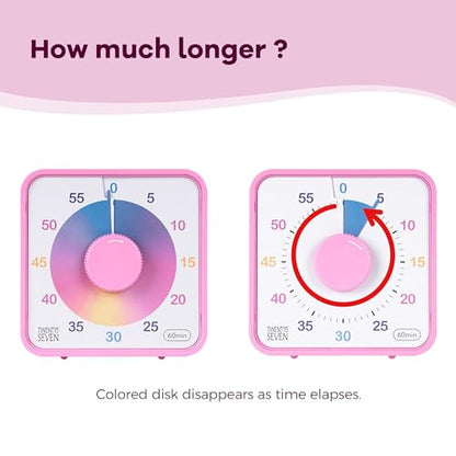 TWENTY5 SEVEN Countdown Timer 7.5 inch, 60 Minute 1 Hour Visual Timer for Classroom Teaching Tool Office Meeting, Mechanical Countdown Clock for Kids Exam Time Management Magnetic, Ombre Pink Macarons - color: Ombre Pink Macarons