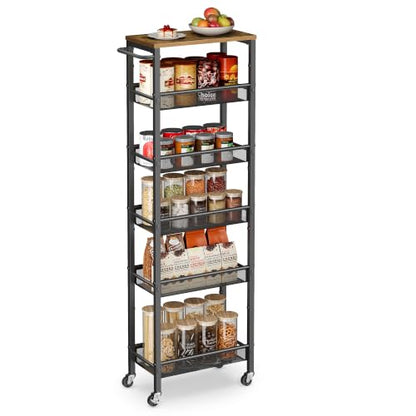 VASAGLE 6-Tier Slim Rolling Storage cart with Wheels, Metal - color: Rustic Brown + Matte Black, size: 6 Tiers (8.7"D x 51.7"H)