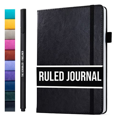Lined Journal Notebook for writing | Ruled 200 pages, 120gsm Thick Paper with Sticky Notes,pen loop, elastic band, leather hard cover | Scribbles That Matter A5 journals for writing, 5.75x8.2 inches - color: Black