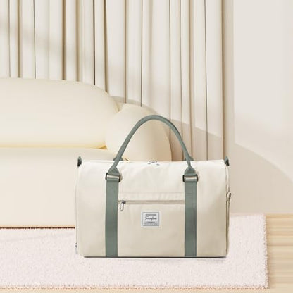 Gym Bag Womens Mens with Shoes Compartment and Wet Pocket Travel Duffel Bag for Women for Plane Sport Gym Tote Bags Swimming Yoga Waterproof Weekend Overnight Carry on Bag Hospital Holdalls - color: A11-Beige with Green