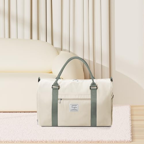 Gym Bag Womens Mens with Shoes Compartment and Wet Pocket Travel Duffel Bag for Women for Plane Sport Gym Tote Bags Swimming Yoga Waterproof Weekend Overnight Carry on Bag Hospital Holdalls - color: A11-Beige with Green