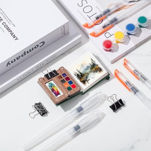 Qilery Mini Portable Watercolor Palette Set Wooden Grid Paint Box Watercolor Paper Sketch Book Brush Pens with Binder Clip for Painters Artist Not Include Paint(Pine Green) - style: Pine Green