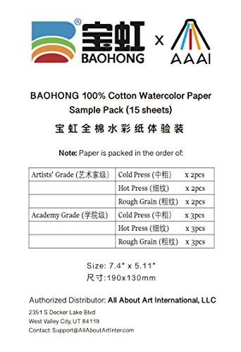 Baohong Watercolor Paper, 190x130mm Sample Pack, 100% Cotton, 140lb/300gsm, 15 Sheets (5xTextured Cold Press, 5xHot Press and 5xRough) - size: Sample Pack 7.5" x 5.1" (15 Sheets)