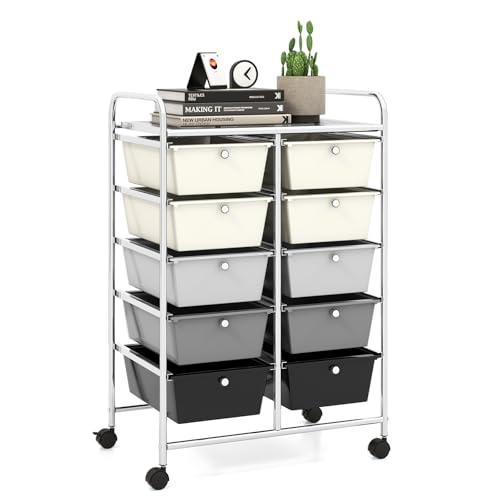 LDAILY 10 Drawer Rolling Cart, Storage Cart Organizer on Wheels, Drawer Cart with Metal Frame & Large Storage Capacity, Rolling Cart with Drawers for Living Room Classroom, Office - color: Gradient Gray, size: 10 Drawer