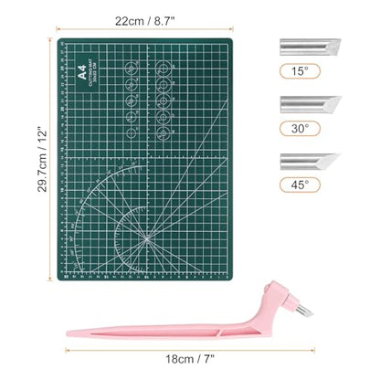 HARFINGTON Craft Cutting Tools 15/30/45 Degree Blades 360 Degree Rotating Blade Stainless Steel Cutter Pen Knife with Mat for DIY Crafts Stencils Scrapbooks, Pink - color: Pink