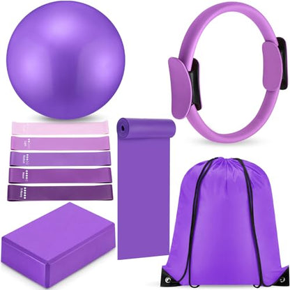 Silipull 10 Pcs Pilates Ring Blocks Set for Women Home Yoga Equipment Accessories Pilates Ring Circle and Ball Workouts Gift Include Ball Yoga Circle Resistance Bands Block Straps Gym Bag - color: Purple