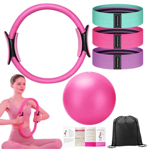 Pilates Ring Set with 14-Inch Magic Circle, Exercise Ball & 6 Resistance Bands - Complete Home Workout Equipment for Core Strength, Toning and Flexibility - Ideal Fitness Gift for Women and Men