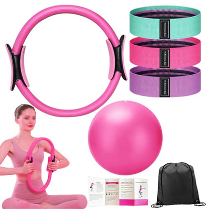 Pilates Ring Set with 14-Inch Magic Circle, Exercise Ball & 6 Resistance Bands - Complete Home Workout Equipment for Core Strength, Toning and Flexibility - Ideal Fitness Gift for Women and Men