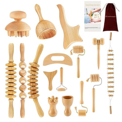 16Pcs Wood Therapy Massage Tools Set, Maderoterapia Massage Kit with Wooden Gua Sha Tools, Body Sculpting & Lymphatic Drainage Massager, Muscle Relaxation Roller for Face, Back, Legs & Full Body - color: 16pcs