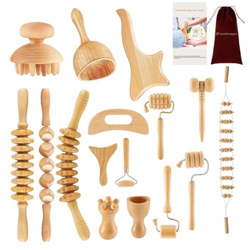 16Pcs Wood Therapy Massage Tools Set, Maderoterapia Massage Kit with Wooden Gua Sha Tools, Body Sculpting & Lymphatic Drainage Massager, Muscle Relaxation Roller for Face, Back, Legs & Full Body - color: 16pcs