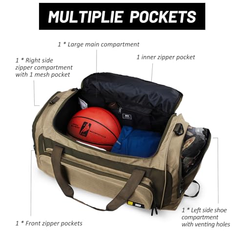 MIER Large Gym Bag for Men 60L Duffel Bag with Shoe Compartment | Lightweight & Durable Sports Duffles; Suited for Workout Fitness Travel Weekender; Water Resistant; Adjustable Shoulder Strap - color: Khaki